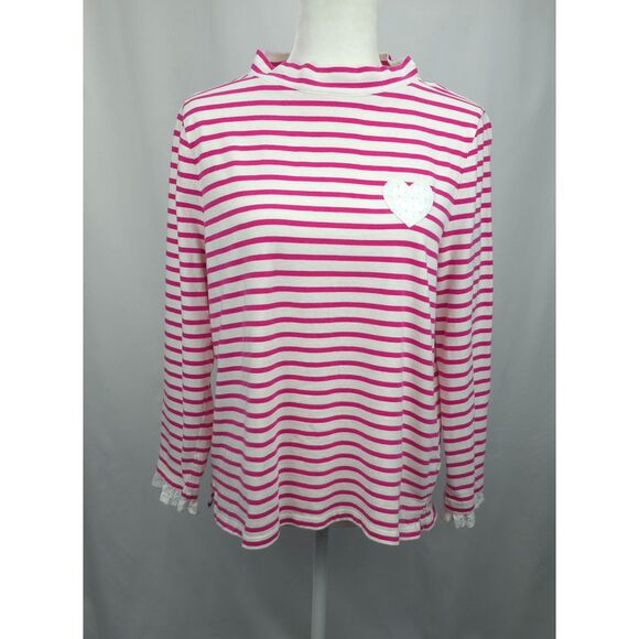 Talbots Cotton Pink Striped Funnel Neck Heart Lace Long Sleeve Shirt SZ Large - Picture 2 of 5